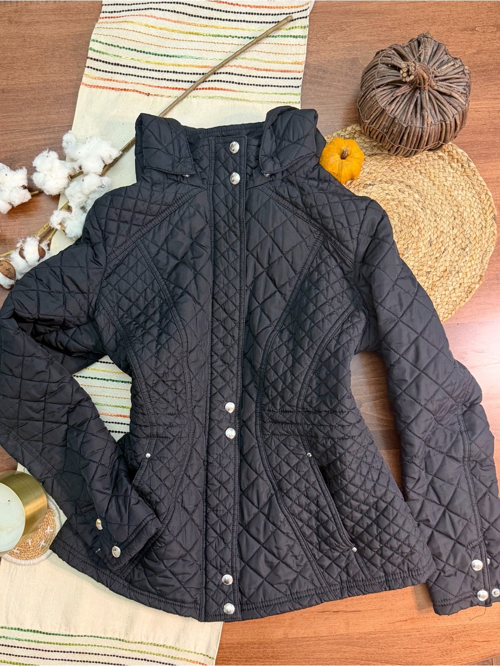 Weatherproof Black Quilted Snap-Front Puffer Jacket with Removable Hood